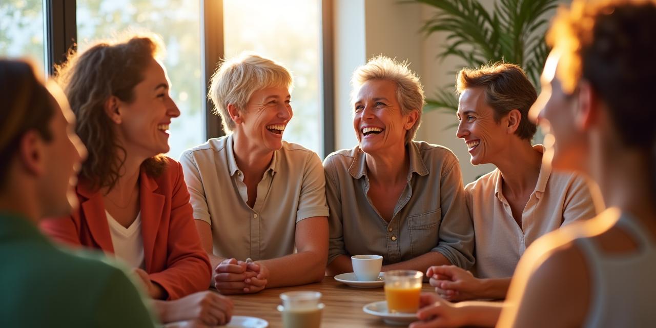 A diverse group of adults smiling and laughing together in a modern, light-filled community space, emphasizing connection and support.