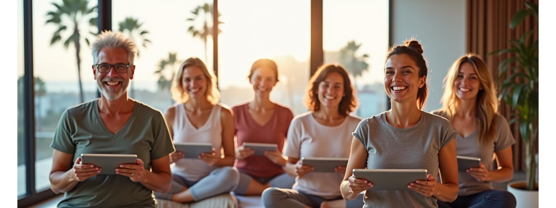 Diverse adults smiling, engaging in wellness activities in a modern, sunlit space overlooking Santa Monica.