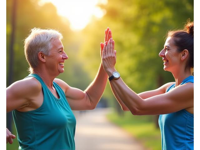 Two adults high-fiving after a workout, symbolizing partnership and shared achievement, on a bright, active background.