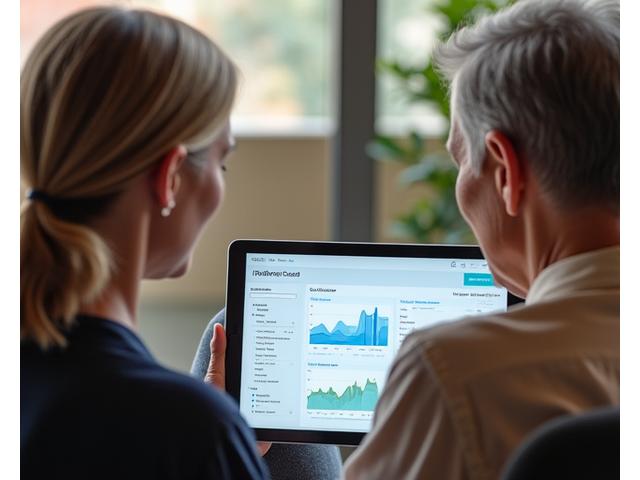 A certified health coach reviewing a personalized digital health report with a client on a tablet, highlighting key data points and offering empathetic guidance.
