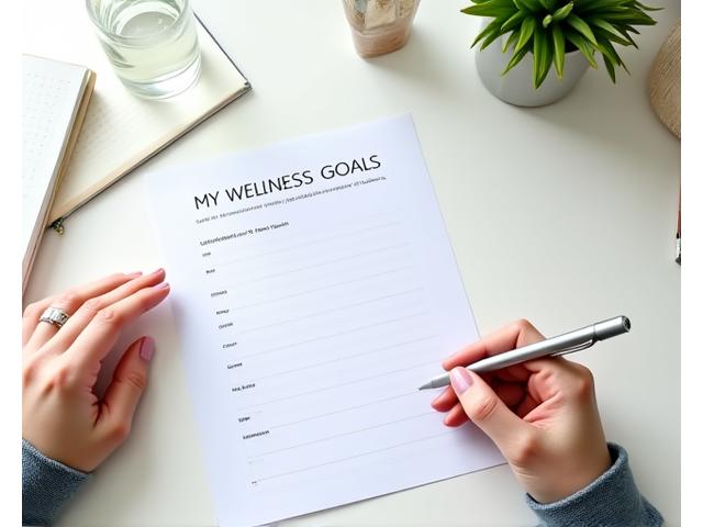 Person filling out a worksheet on a desk, representing a wellness assessment.