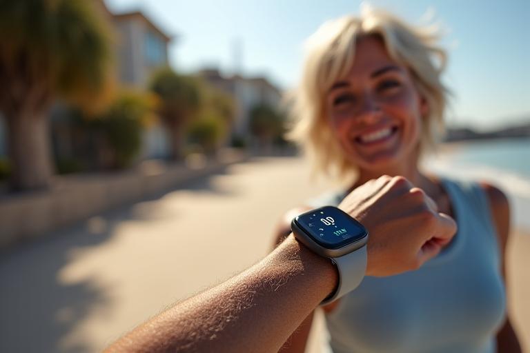 Woman checking heart rate monitor on her smartwatch during a light exercise, symbolizing smart wearables for vital signs.