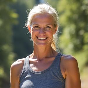 Elara Vance, 48, vibrant and smiling, engaged in an outdoor activity like hiking