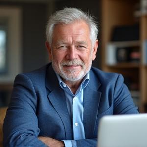 Marcus Thorne, 55, looking healthy and engaged in a home office setting, perhaps on a video call