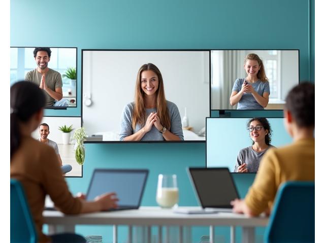 Group of diverse adults participating in a virtual yoga or mindfulness workshop, smiling and engaged on their screens, with a health coach leading from a bright, modern studio.