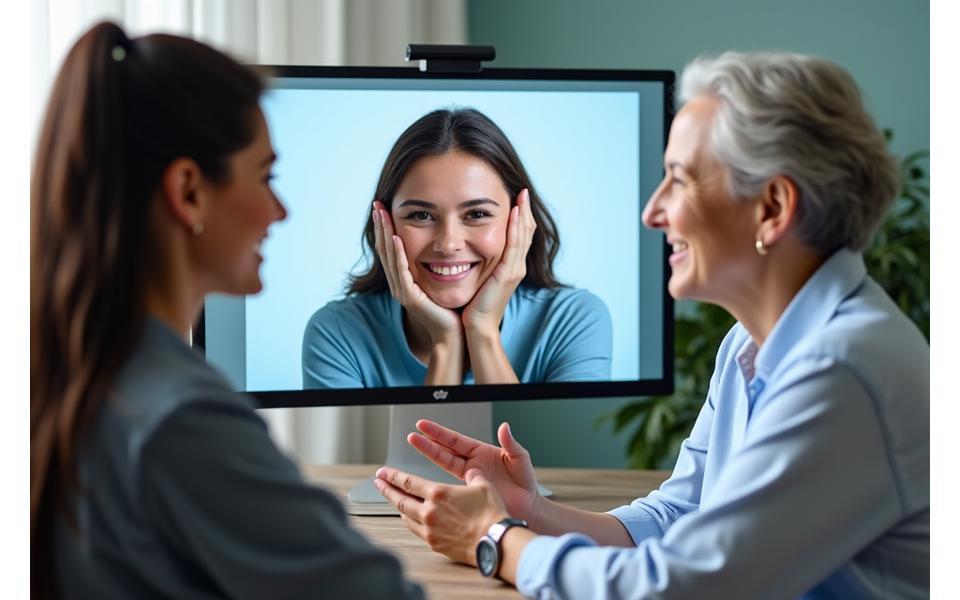 Certified health coach in a virtual session with an adult client, showing professional support