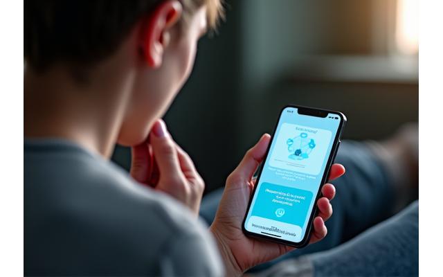 Person using a stress management app with cognitive behavior therapy elements