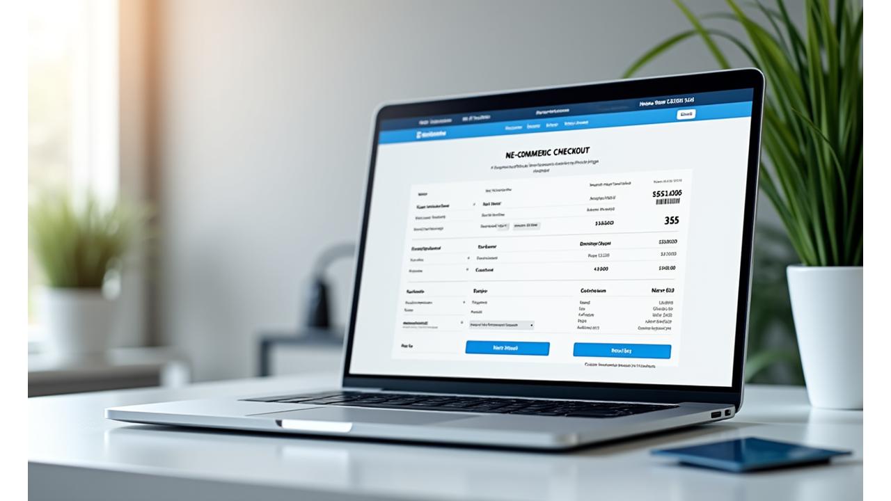 A clean, modern e-commerce checkout page on a laptop screen with a credit card and a secure lock icon. Conveying a simple and secure purchasing experience with a focus on member benefits like fast shipping and exclusive options for adults over 35.