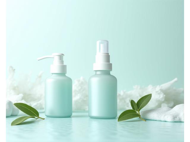 High-end natural skincare products, elegant glass bottles and jars, with delicate botanical elements on a soft, minimalist background. Emphasizing healthy aging and ingredient transparency.