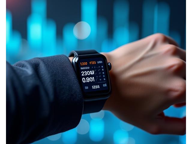A modern smartwatch displaying health metrics on a wrist, with blurred scientific data visualizations in the background. Highlighting advanced wearable technology for adults over 35.