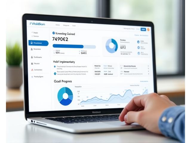 A dashboard displaying progress metrics, charts, and goal tracking for wellness achievements, visible on a sleek laptop screen.